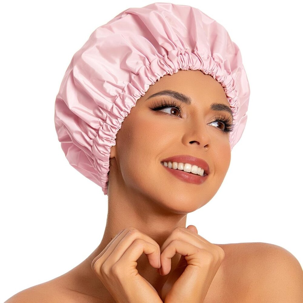 Pink Waterproof Shower Cap for Women - Perfect for Long Hair, Washable & Stylish